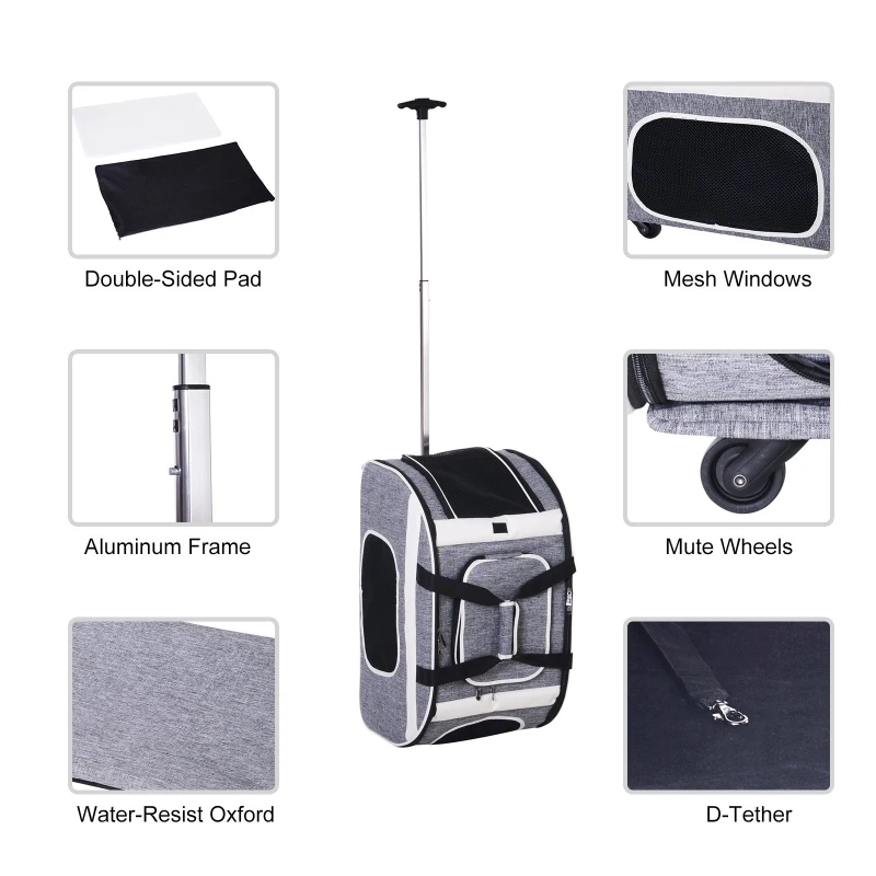 PawHut Foldable Pet Travel Carrier with Wheels, Oxford Fabric Aluminum, Small to Medium Cats and Dogs, Grey and White