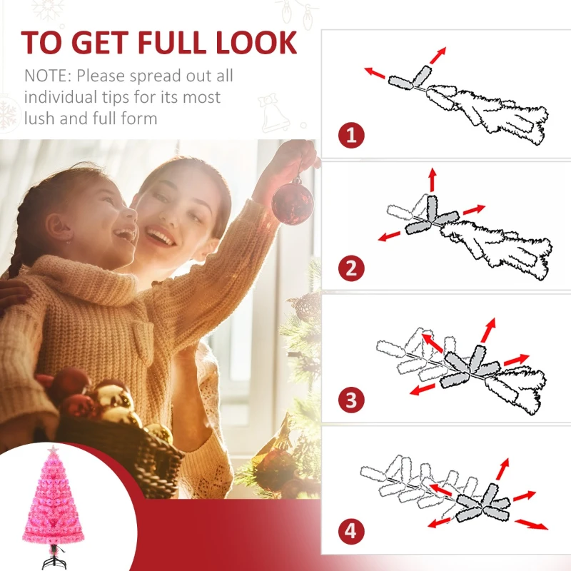 HOMCOM 4ft Fir Artificial Christmas Tree with Realistic Branches, 130 Multi-Color Fiber Optic LED Lights and 130 Tips, Pink