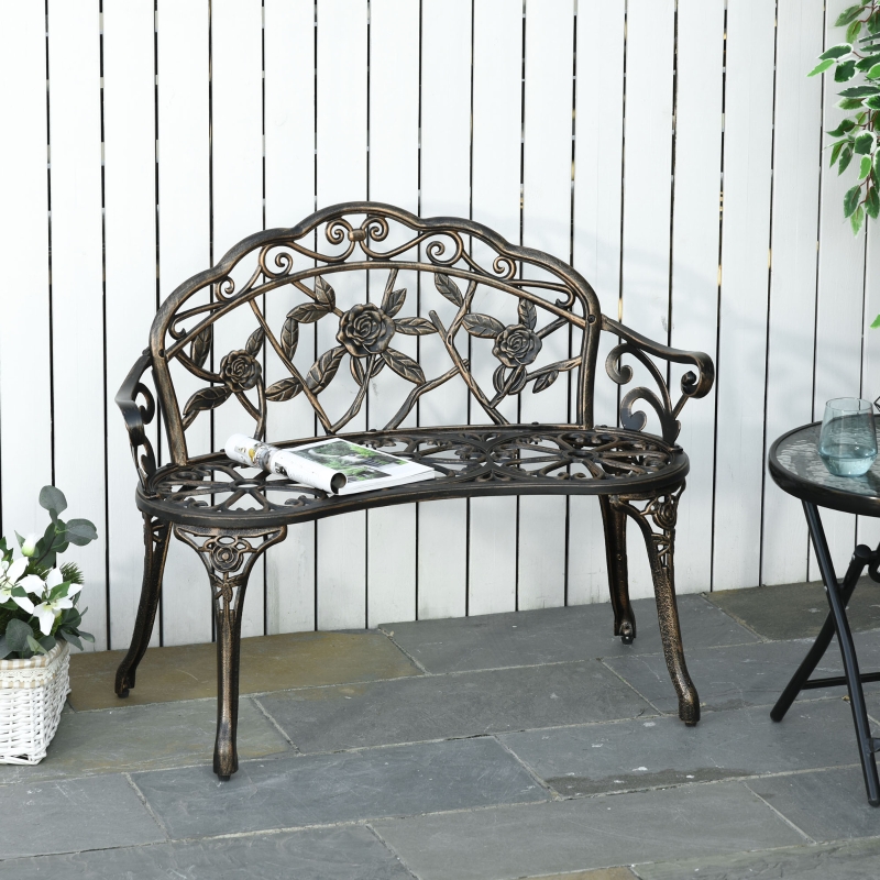 Outsunny 40" Cast Aluminum Antique Rose Style Outdoor Patio Garden Park Bench, Accented Lawn Front Porch Path Yard Bronze Decor Deck Furniture for 2 Person Seat Bronze