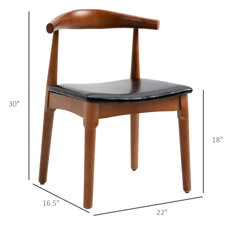 HOMCOM 2 Piece Mid-Century Dining Room Chair Set, Black Upholstered Faux Leather Seat - Walnut