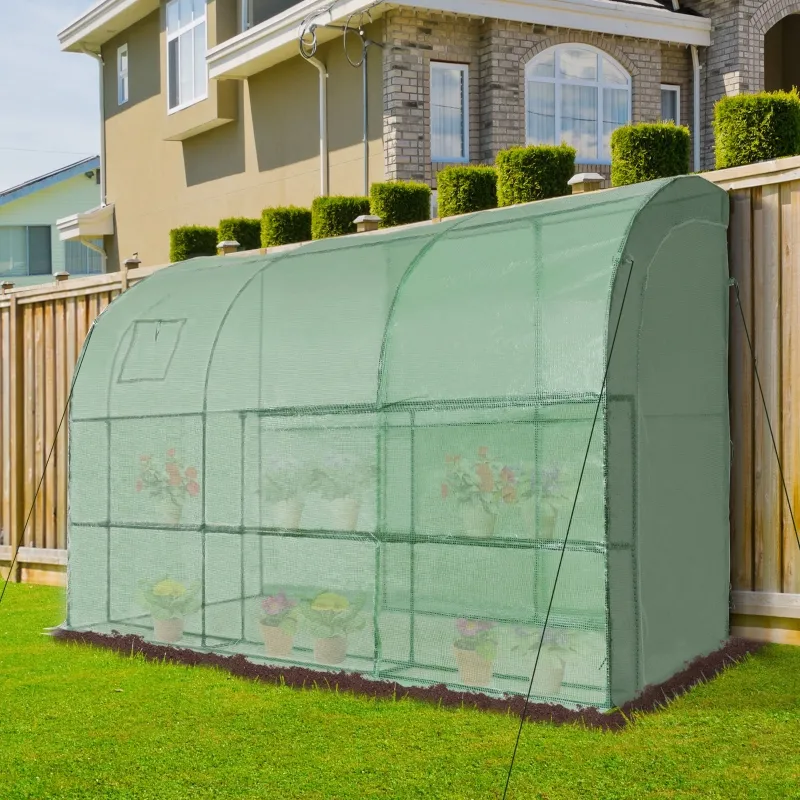 Outsunny 10' x 5' x 7' Lean to Greenhouse, Walk-In Wall Green House Plant Nursery with 2 Roll-up Doors and Window, PE Cover and 3 Wire Shelves, Green