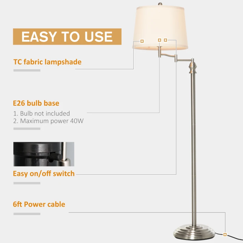 HOMCOM Standing Floor Lamp Tall Pole Light with Shade, Metal Round Base Adjustable Support Pole, E26 Bulb Base, for Bedroom, Living Room, Office, Silver/Beige