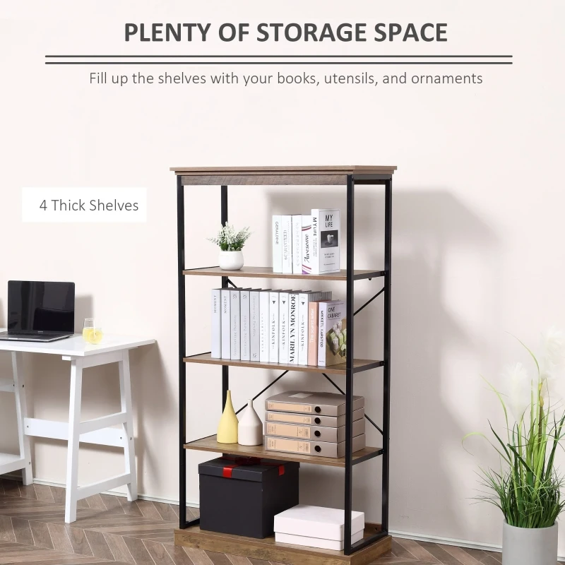 HOMCOM 4-Tier Industrial Bookshelf, Floor Standing Display Shelf, Bookcase with Metal Frame and Storage Shelving unit for Home Office, Living Room, Bedroom, Brown
