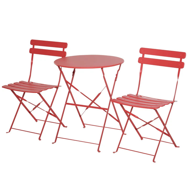 Outsunny 3pc Garden Table Set Foldable Dining Set with 1 Round Table and 2 Chairs Backyard Outdoor, Red