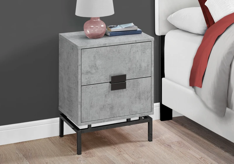 Monarch 24" Retro Inspired 2 Drawer End Table Night Stand with Metal Base - Grey Cement-Look / Black Nickel Base
