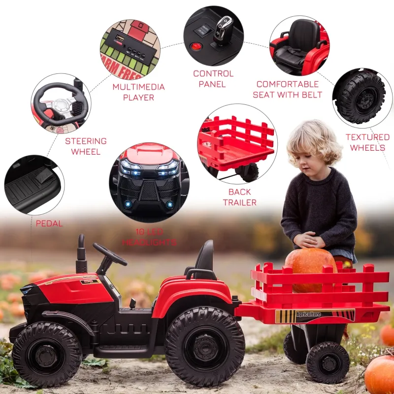 Aosom 12V Kids Ride On Tractor, Extra Large Kids Electric Battery Powered Car Toy with Back Trailer, Adjustable Speed, and LED Headlights, Red