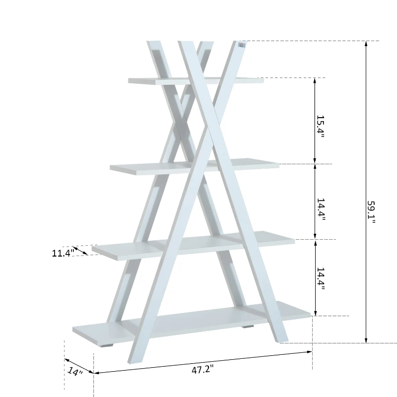 HOMCOM Wooden A Frame Bookshelf 4-tier Ladder Display Shelf Storage Stand Home Furniture White