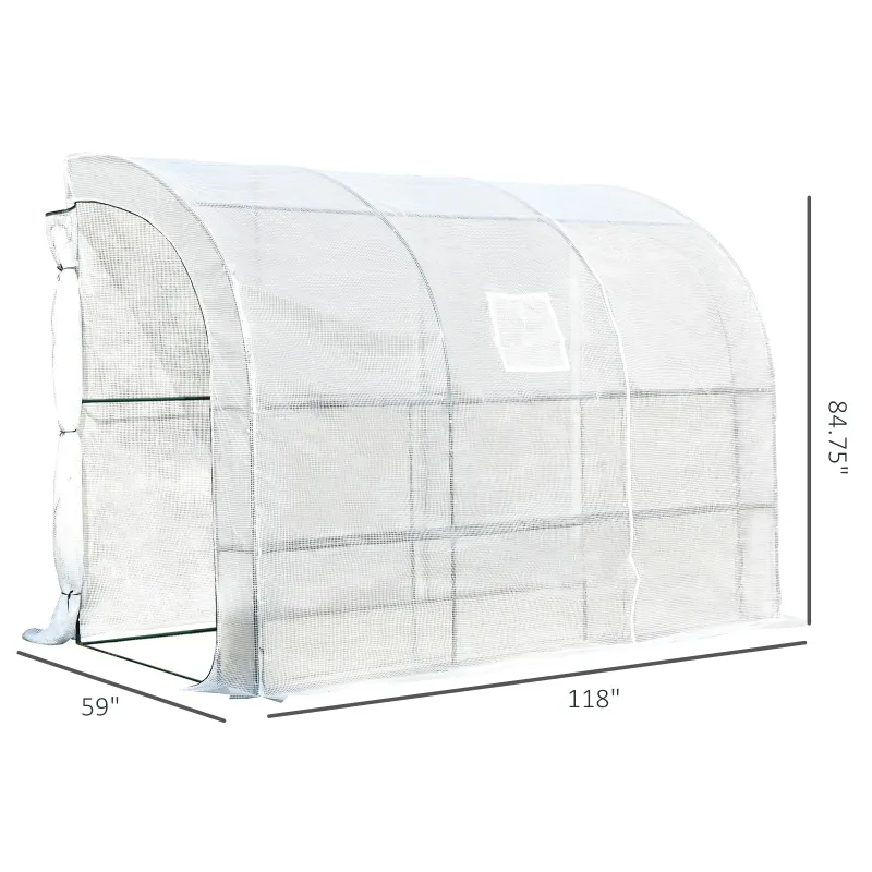 Outsunny Walk-in Wall Lean-to Greenhouse, 10' x 5' x 7' Outdoor Gardening Green House with PE Cover, Windows, Shelves and 2 Zipper Doors, Clear