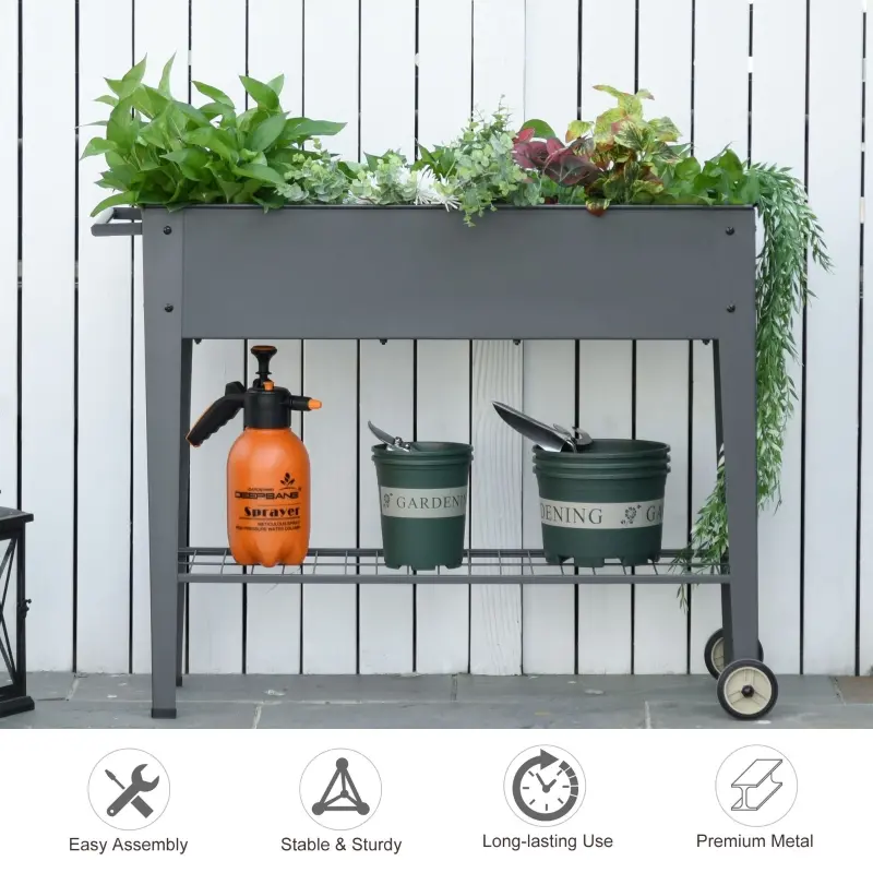 Outsunny 43" x 17" x 32" Elevated Planter Box with Legs Raised Garden Bed Elevated with 2 Wheels, Bottom Shelf for Storing Tools, & Water Drainage Hole, Grey