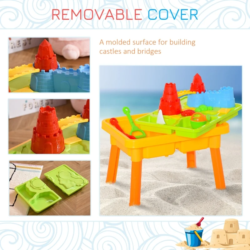 Qaba 23PCs Kids Sand and Water Table Beach Play Toddler Activity Sandbox Summer Beach Toy sets with Castle Shape Molds Lid Accessories Multicolor