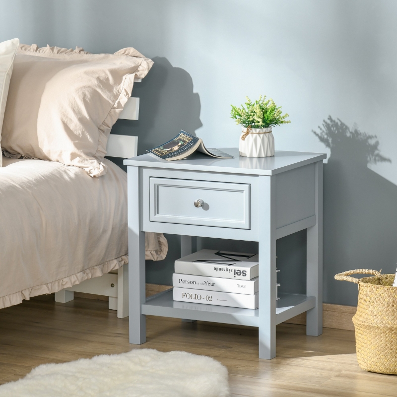 HOMCOM Accent End Table Nightstand with Grey Tabletop, Storage Drawer, and Bottom Shelf, Grey
