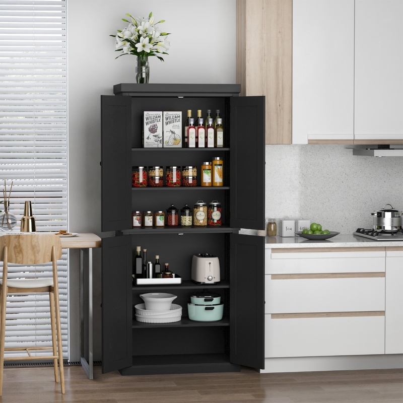 HOMCOM 72" Wooden Kitchen Pantry 4 Door w/ 2 Adjustable Shelving and Elegant Design Black