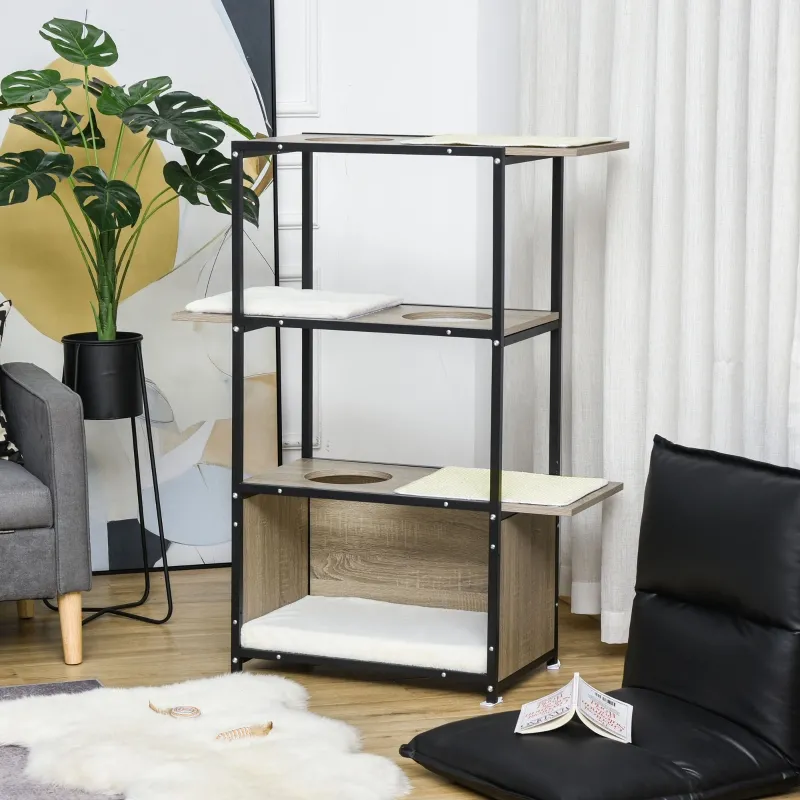 PawHut 48" H Cat House Cat Activity Tower Shelf Furniture with 3 Climbing Platforms, 1 Condo, Scratch Pad and Removable Cushions, Grey/Black