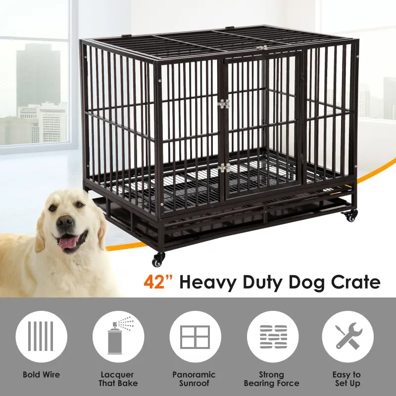 PawHut 42" Heavy Duty Dog Crate Metal Cage Kennel with Lockable Wheels, Double Door and Removable Tray, Brown