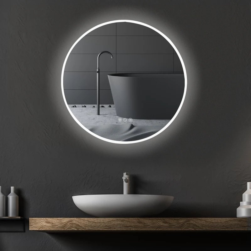 kleankin 24"x24" Round LED Bathroom Mirror with Defogging Function, Touch Switch, and 3 Color White Temperatures
