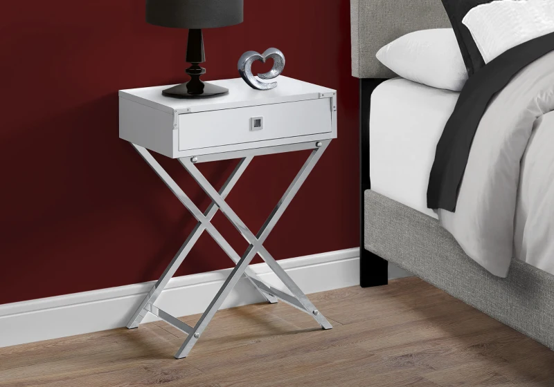 Monarch 24" Contemporary Accent Side End Table with Large Storage Drawer and Metal X-Design Legs - White / Chrome Metal Legs