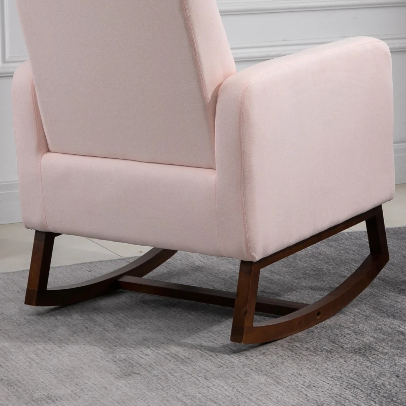 HOMCOM Accent Lounge Rocking Chair with Solid Curved Wood Base and Linen Padded Seat, Pink