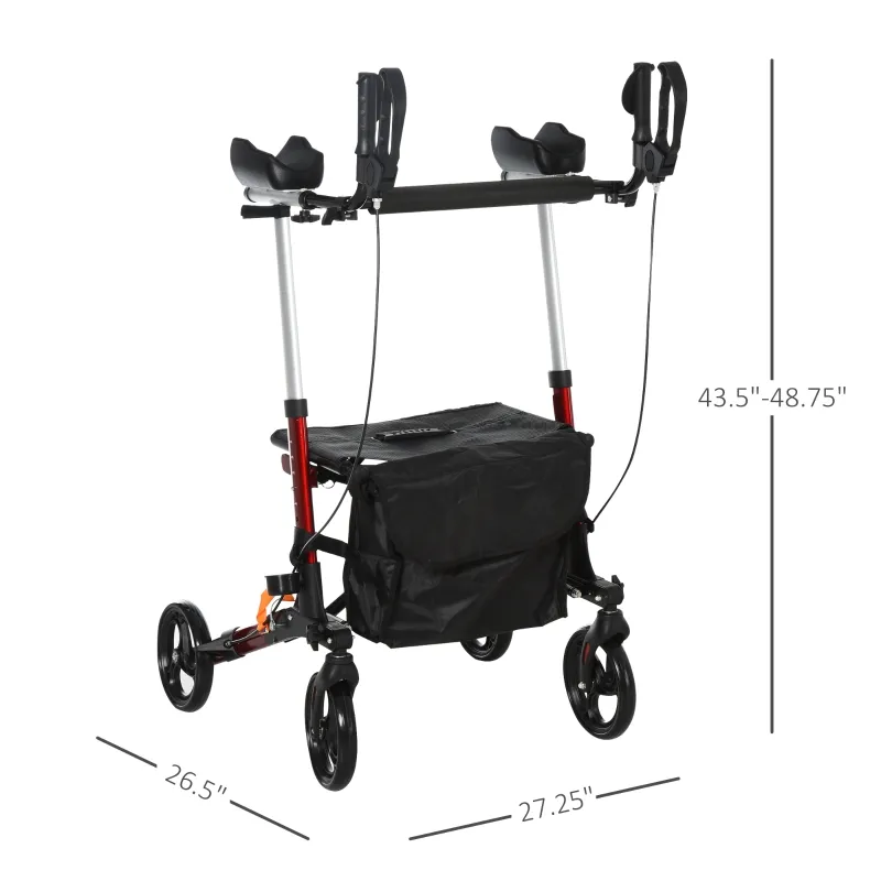 HOMCOM Adjustable Aluminum Upright Rollator Walker for Seniors, Medical Walker Wheelchair with Bag Armrest