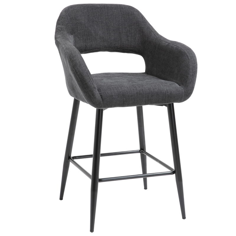 HOMCOM Counter Height Barstool Linen Fabric Upholstered Kitchen Breaskfast Chair with Footrest & Metal Legs, Dark Grey