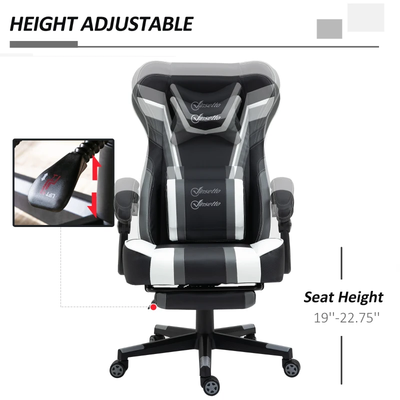 Vinsetto High Back Gaming Chair, Racing Style Ergonomic Computer Desk Chair with Adjustable Height, Retractable Footrest, Headrest and Lumbar Support, Grey