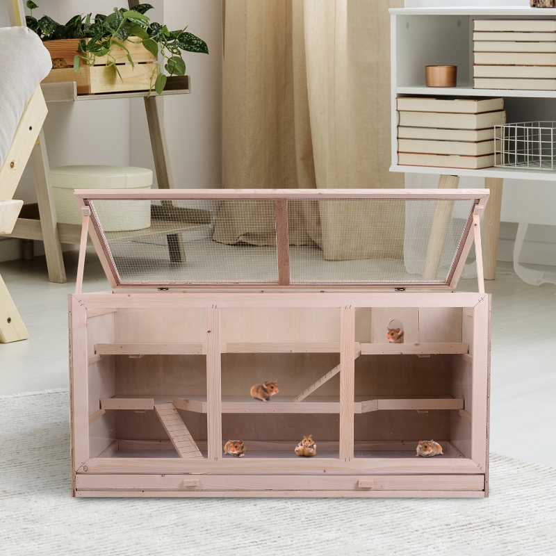Pawhut Fir Wood Hamster Cage Mouse Rats Mice Small Animals Exercise Play House with Slide Wooden Coop Portable