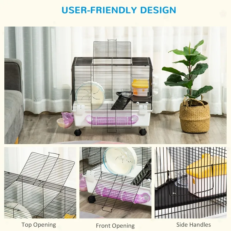 PawHut Hamster Cage, Gerbil Haven, Multi-storey Rodent House, Small Animal Habitats, Large Hide-out, w/ Water Bottle, Tubes, Excise Wheel, Food Dish, Ramp, Shower Room, White