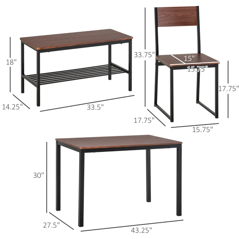 HOMCOM Industrial 4 Piece Dining Room Table Set with Bench Wooden Kitchen Table and Chairs w/ Storage Rack for Kitchen, Dinette, Rustic Brown/Black