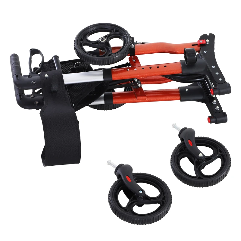 HOMCOM Aluminum Transport Rollator Walker 1-Step Open W/ Adjustable Seat  Bag  Crutch Holder
