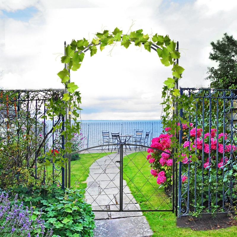 Outsunny 84.75" x 19" Metal Garden Arch with Gate Climbing Planter Frame Backyard Decor for Vines Morning Glory Black
