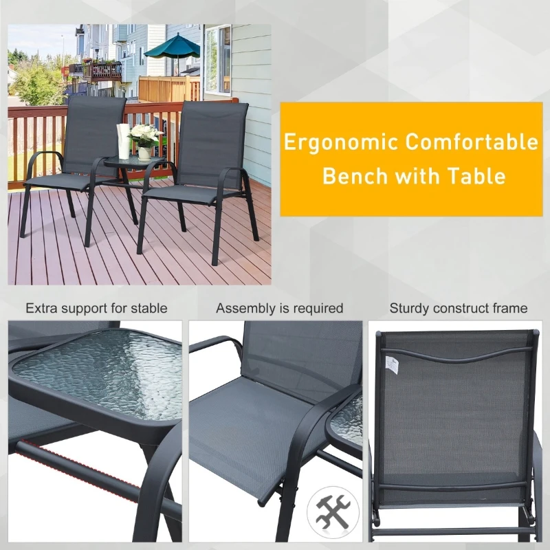 Outsunny Bistro Set Outdoor Furniture Set with Attached Middle Glass Coffee Table, Breathable Fabric Double Chairs for Balcony, Patio, Porch
