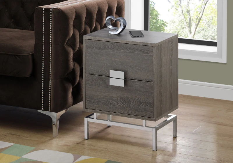 Monarch 24" Retro Inspired 2 Drawer End Table Night Stand with Metal Base - Dark Taupe Wood Grain-Look / Chrome Metal Base