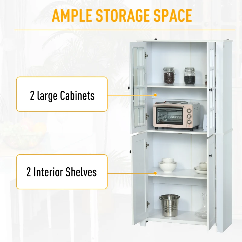 HOMCOM 71" Freestanding Kitchen Pantry Cabinet with Glass Door and Shelves, Tall Cupboard for Dining Room, Living Room, White
