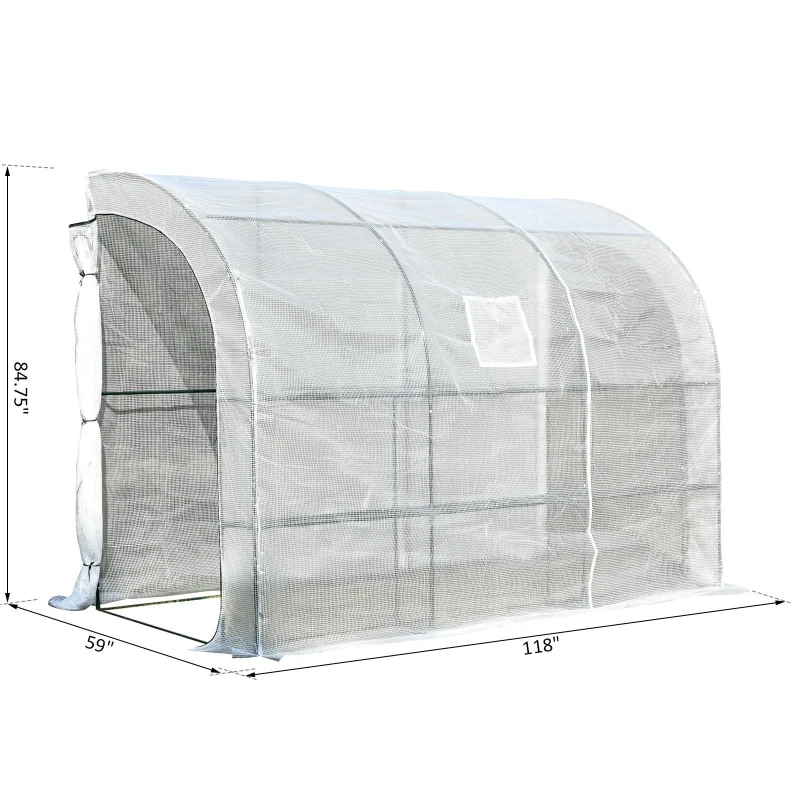 Outsunny 10' x 5' x 7' Lean to Greenhouse, Walk-In Wall Green House Plant Nursery with 2 Roll-up Doors and Window, PE Cover and 3 Wire Shelves, White