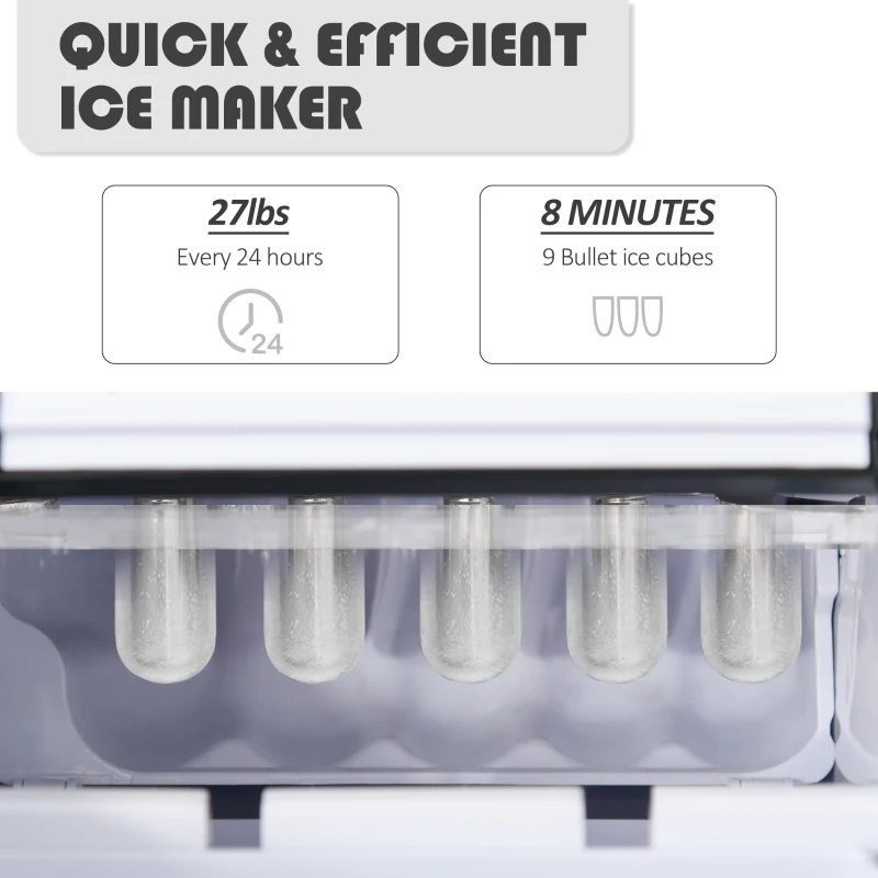 HOMCOM Portable Countertop Ice Maker Machine, 9 Cubes in 8 Minutes, Ice Machine for Freezer 27lbs/24H, Automatic Cleaning with Scoop and Basket for Kitchen Home Office Bar