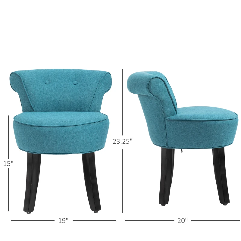 HOMCOM Upholstered Linen Vanity Stool with Curved Thick Padded Backrest, Rubberwood Legs, and Footpads, Blue