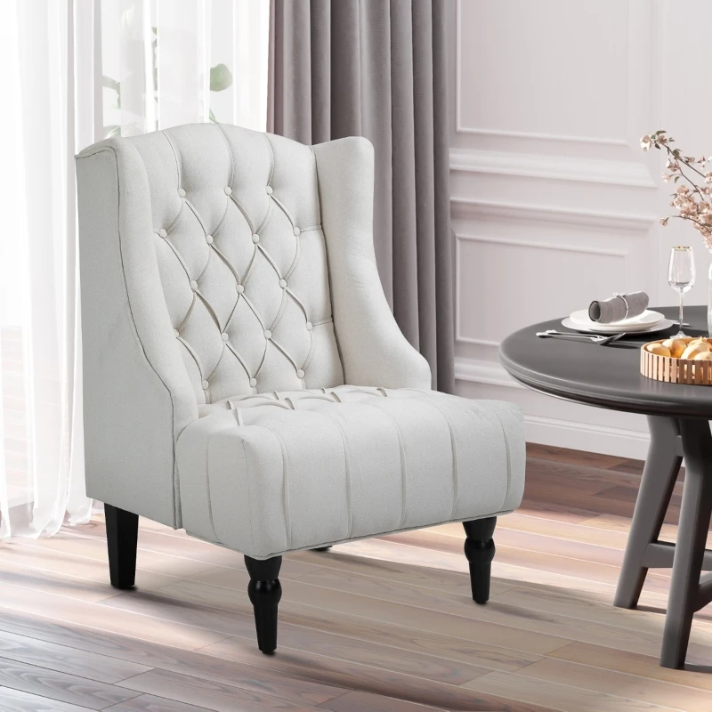 HOMCOM Linen Fabric Button Tufted Wingback Accent Chair with Thick Padded Cushioned Seats and Wooden Legs for Living Room and Bedroom, Beige