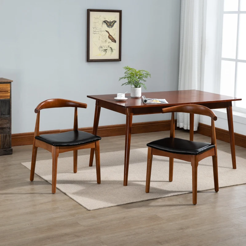 HOMCOM 2 Piece Mid-Century Dining Room Chair Set, Black Upholstered Faux Leather Seat - Walnut