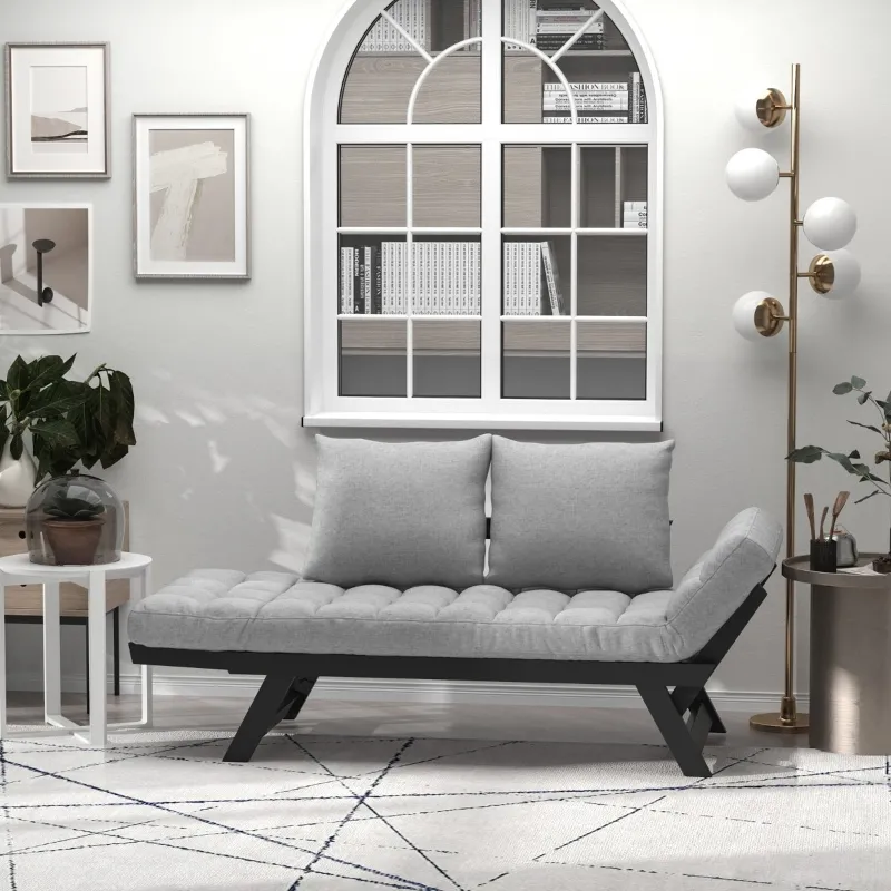 HOMCOM Single Person 3 Position Convertible Chaise Lounger Sofa Bed with 2 Large Pillows and Oak Frame, Light Gray