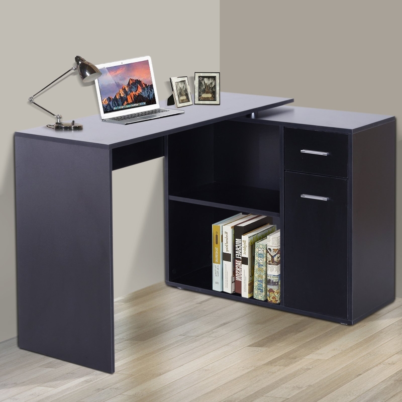 HOMCOM 360° Rotating Home Office Corner Desk Storage Shelf Cabinet Black