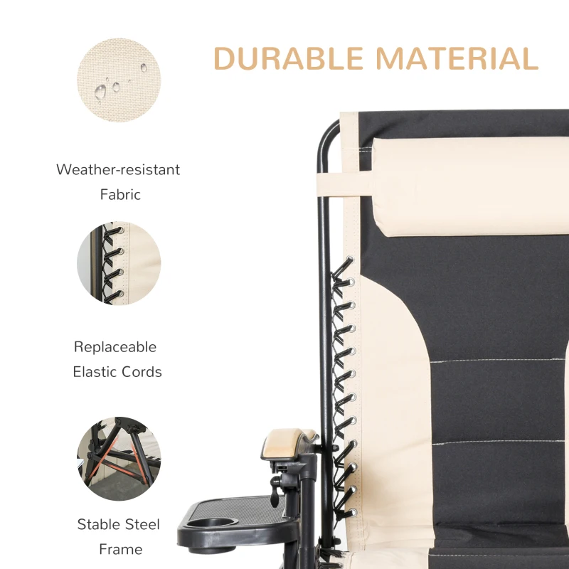 Outsunny Foldable Outdoor Lounge Chair with Footrest, Oversized Padded Zero Gravity Lounge Chair with Headrest, Cup Holders, Armrests for Camping, Lawn, Garden, Pool, Beige