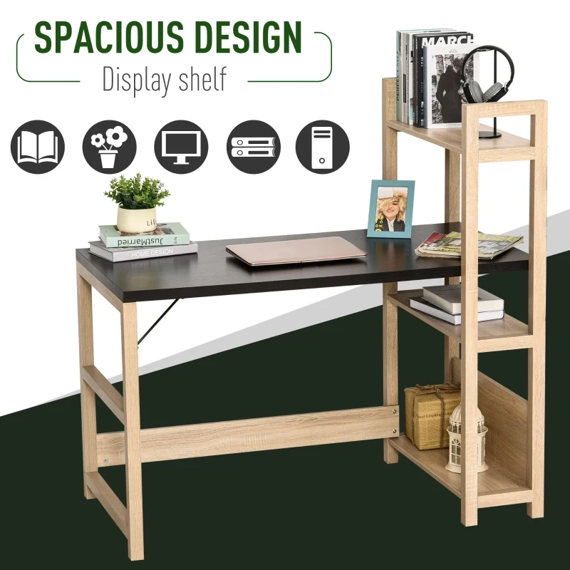 HOMCOM Computer Desk Home Office Study Writing Rectangle Workstation with Storage Shelves 3-Tier Bookshelf, Wide Display Table, Black/Oak