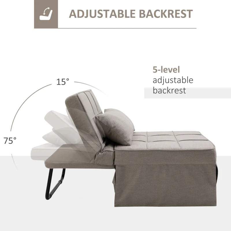 HOMCOM 4-In-1 Design Convertible Sofa Tea Table Lounge Chair Single Bed with 5-Level Adjustable Backrest, Footstool and Metal Frame for Living Room Bedroom, Light Brown