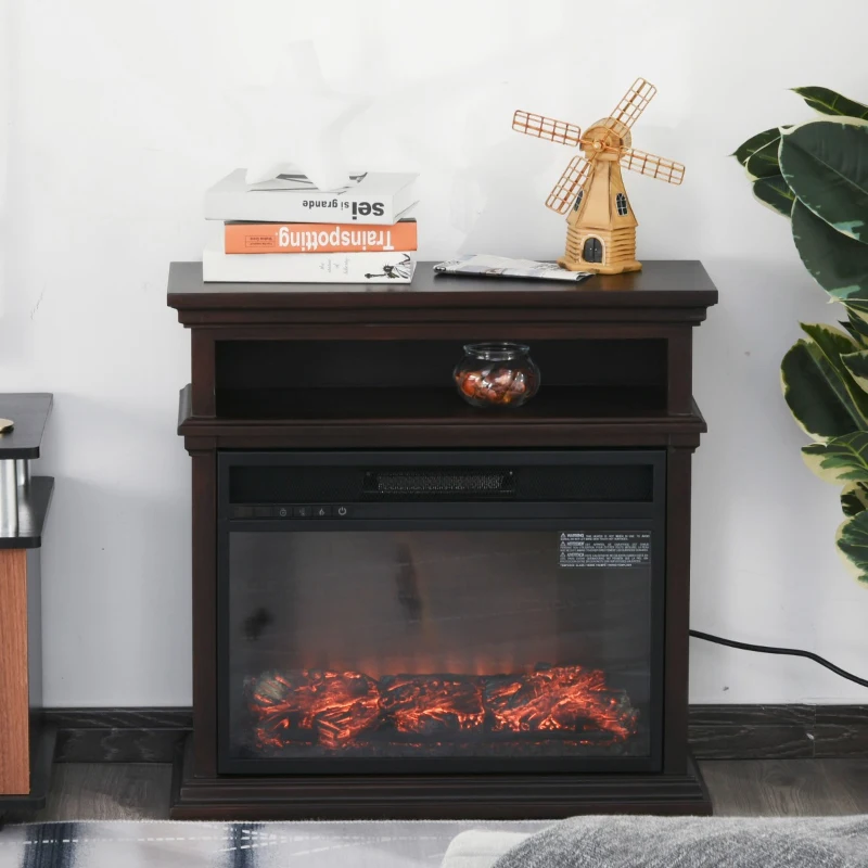 HOMCOM Electric Fireplace with Shelf, Storage Rack, Side Console Table, LED Log Flame, Auto Cut-Off, Remote Control, Dark Coffee