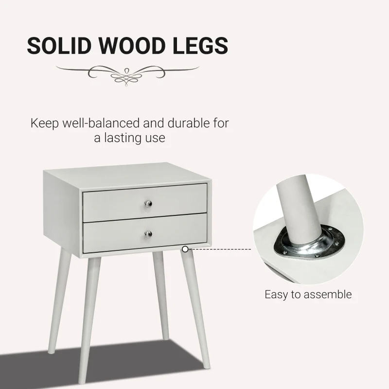 HOMCOM Side Table, Modern End Table with 2 Pull Out Drawers, Bedside Table with Display Tabletop and Solid Acacia Legs, Gray