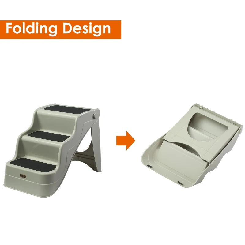 Open Box PawHut 3 Step Portable Folding Pet Stairs Ramp Easy Climb Step Stool With Anti-Slip Mat - Cream White