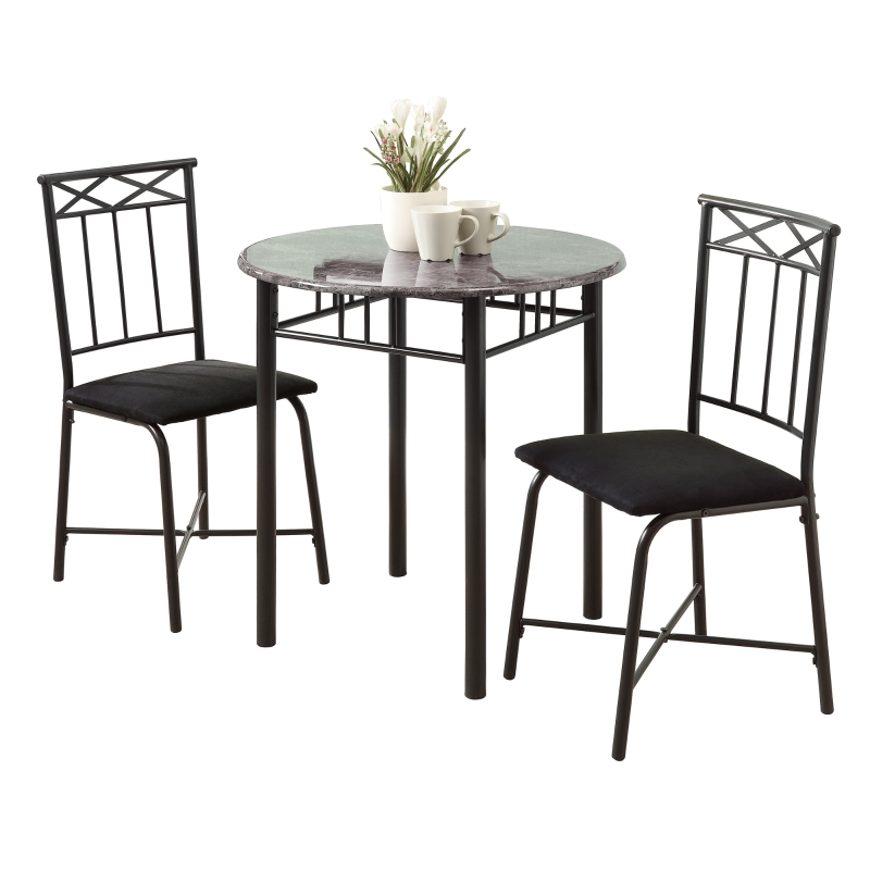 Monarch 3-Piece Modern 30" Round Marble-Look Top Metal Frame Table and Padded Chairs Dining Bistro Set - Grey Finish