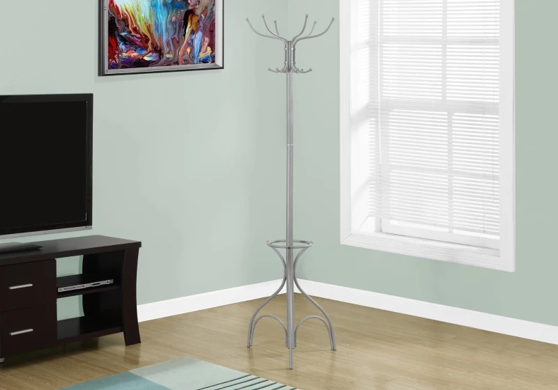 Monarch 70" 12-Hook Metal Coat Tree Hanger Rack with Umbrella Holder - Silver Finish