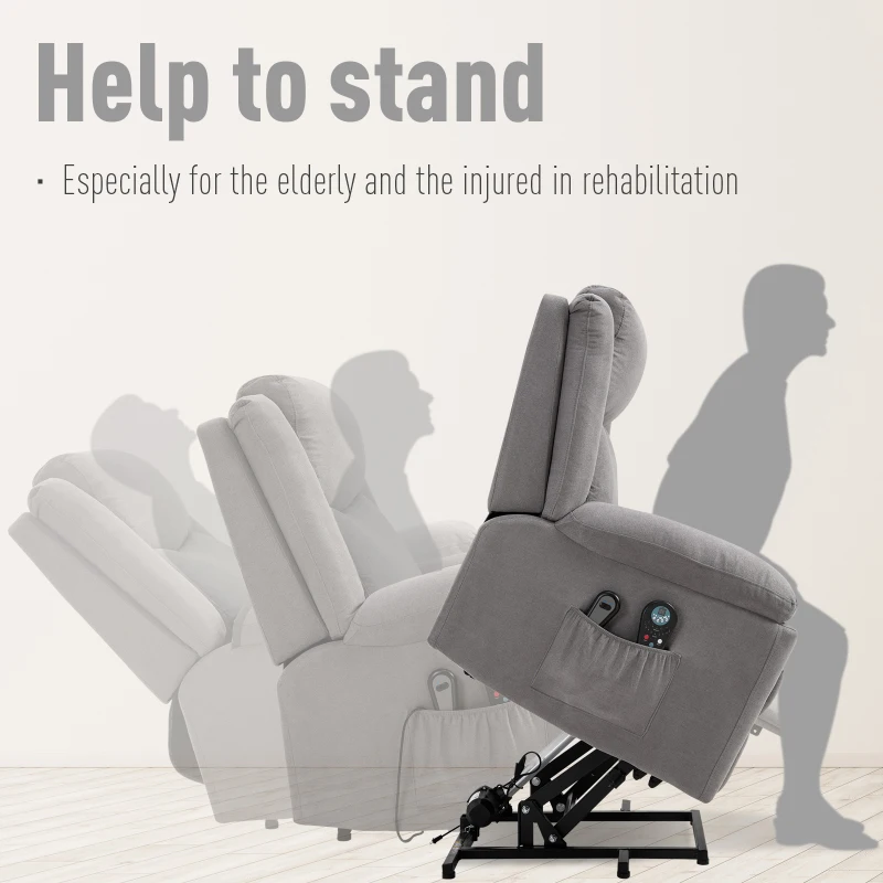 HOMCOM Electric Power Lift Recliner Massage Sofa Linen Surface w/ 8 Vibration Points 2 Remote, Living Room Office Furniture - Grey