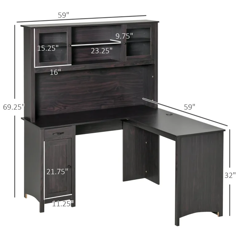 HOMCOM L-Shaped Desk with Hutch, Computer Desk with Drawers, Home Office Corner Desk Study Workstation Table with Storage Cabinets Shelves, Dark Gray
