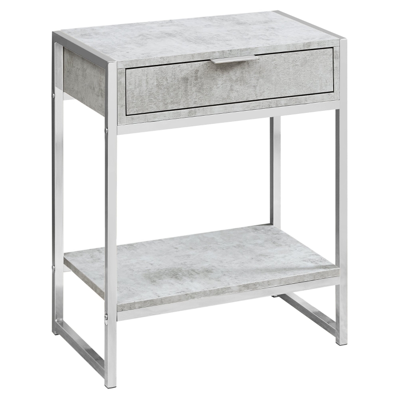 Monarch 24" Contemporary End Table Night Stand with Large Storage Drawer and Open Bottom Shelf - Grey Cement-Look / Chrome Frame